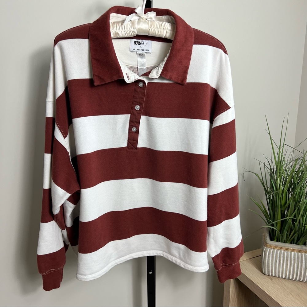 Beach Riot x Anthropologie Rocio Brown Stripe Long Sleeve Polo Shirt 2X XXL